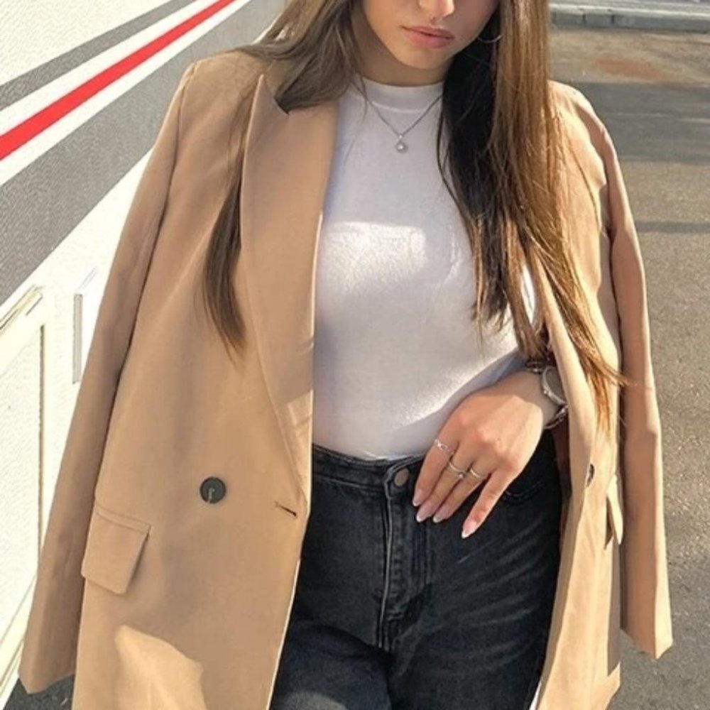 Classy go to Double Breasted Lapel Neck Blazer TAN - Picture 4 of 15